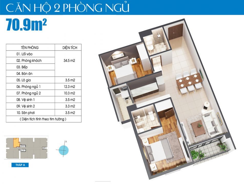 Căn hộ 02PN 70.9m2